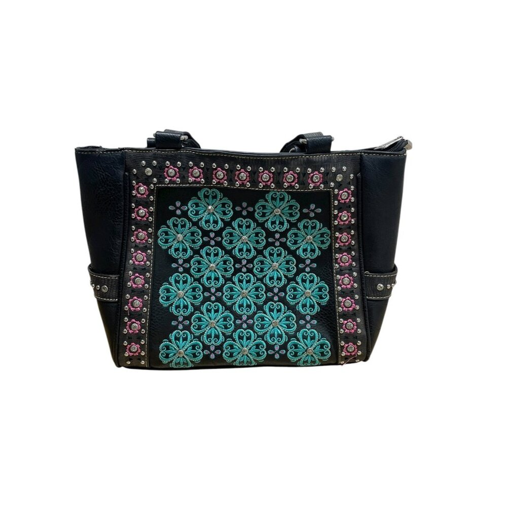 P‎ & G Women's Black Embroidered Studded Tote Bag Conceal Carry